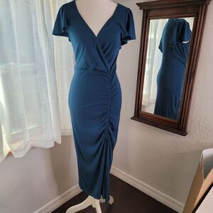 Betsey Johnson Blue Ruched Midi Dress Wrap Stretch Flutter Sleeve M sz 4-6